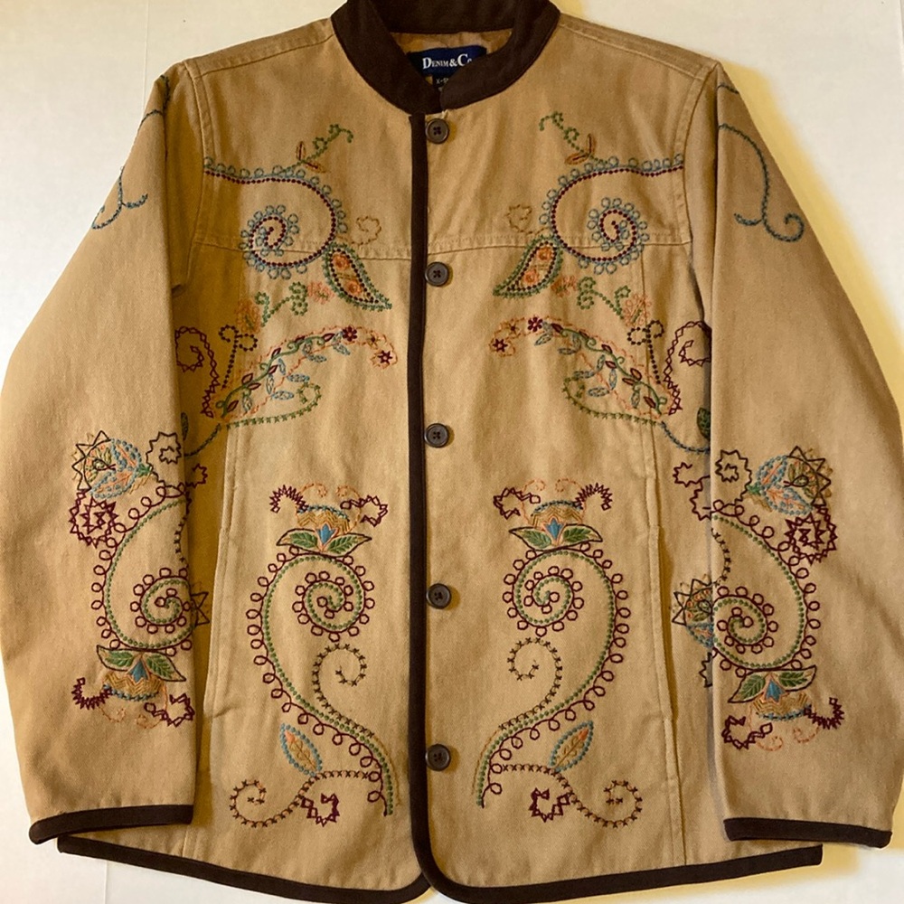 Embroidery tan denim jacket boho / western style jacket is lined button up
